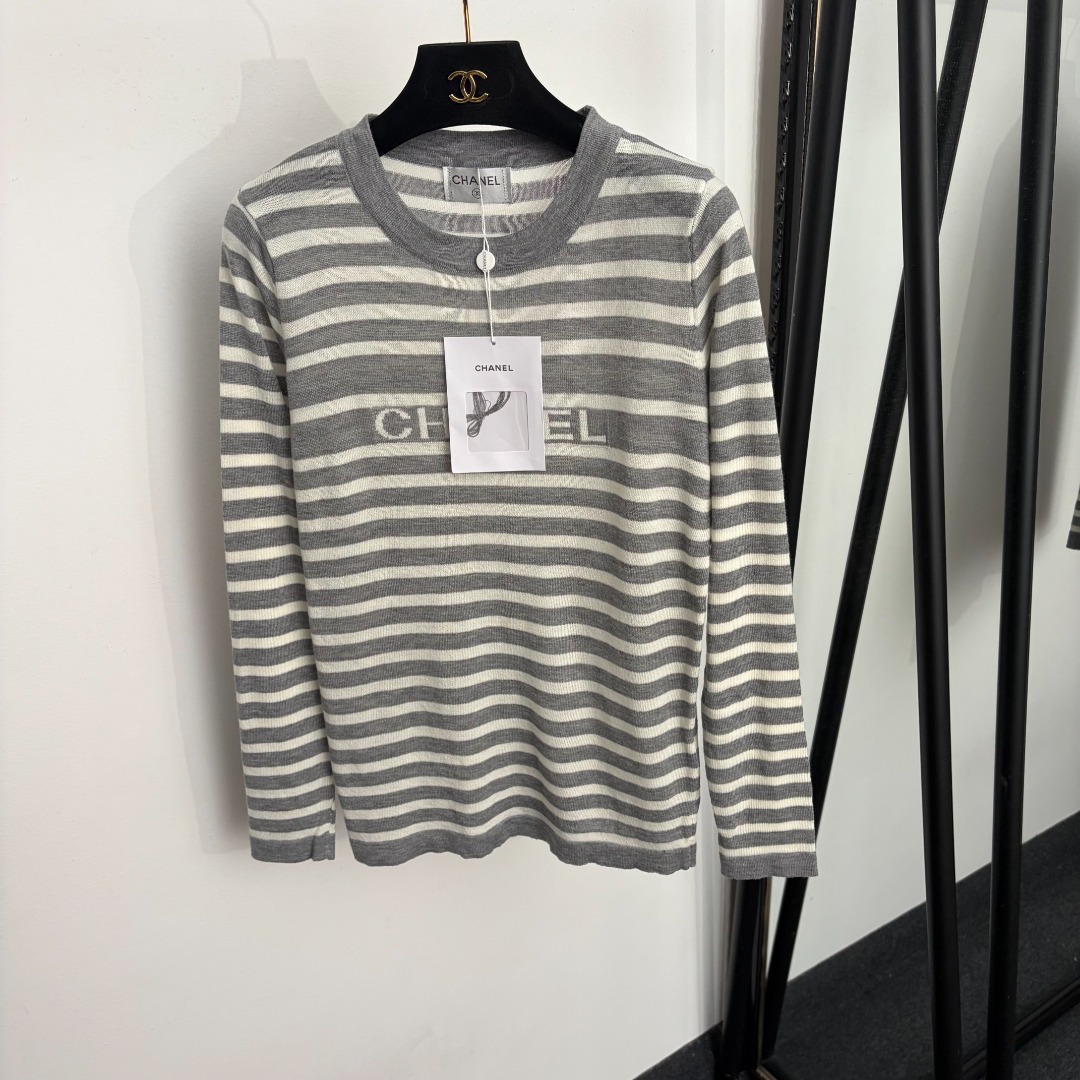 chanel logo striped crew neck sweater