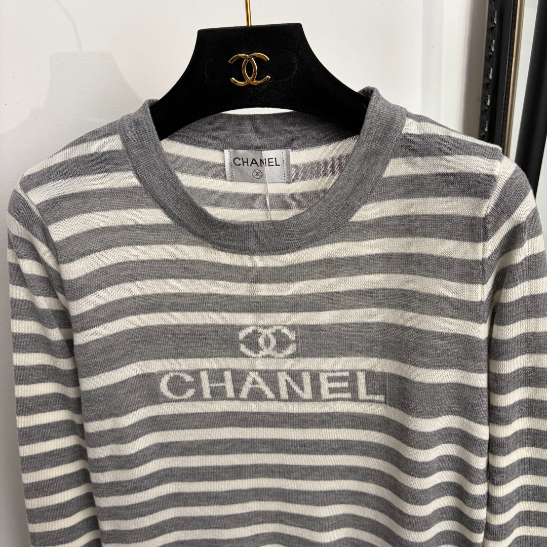 chanel logo striped crew neck sweater