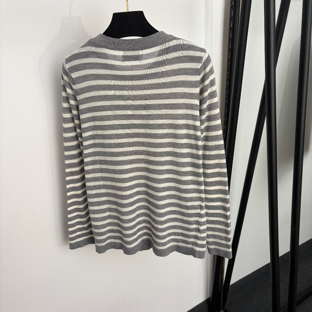 chanel logo striped crew neck sweater