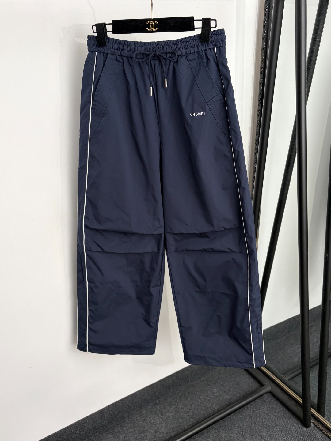chanel logo drawstring wide leg nylon pants