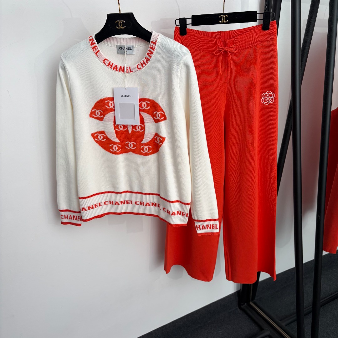 chanel camellia logo knit sweater pants set