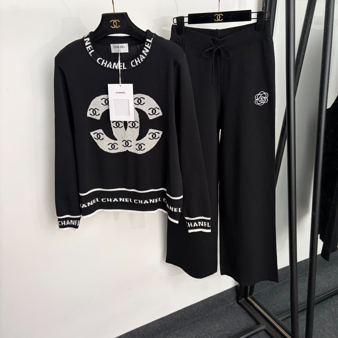 chanel camellia logo knit sweater pants set