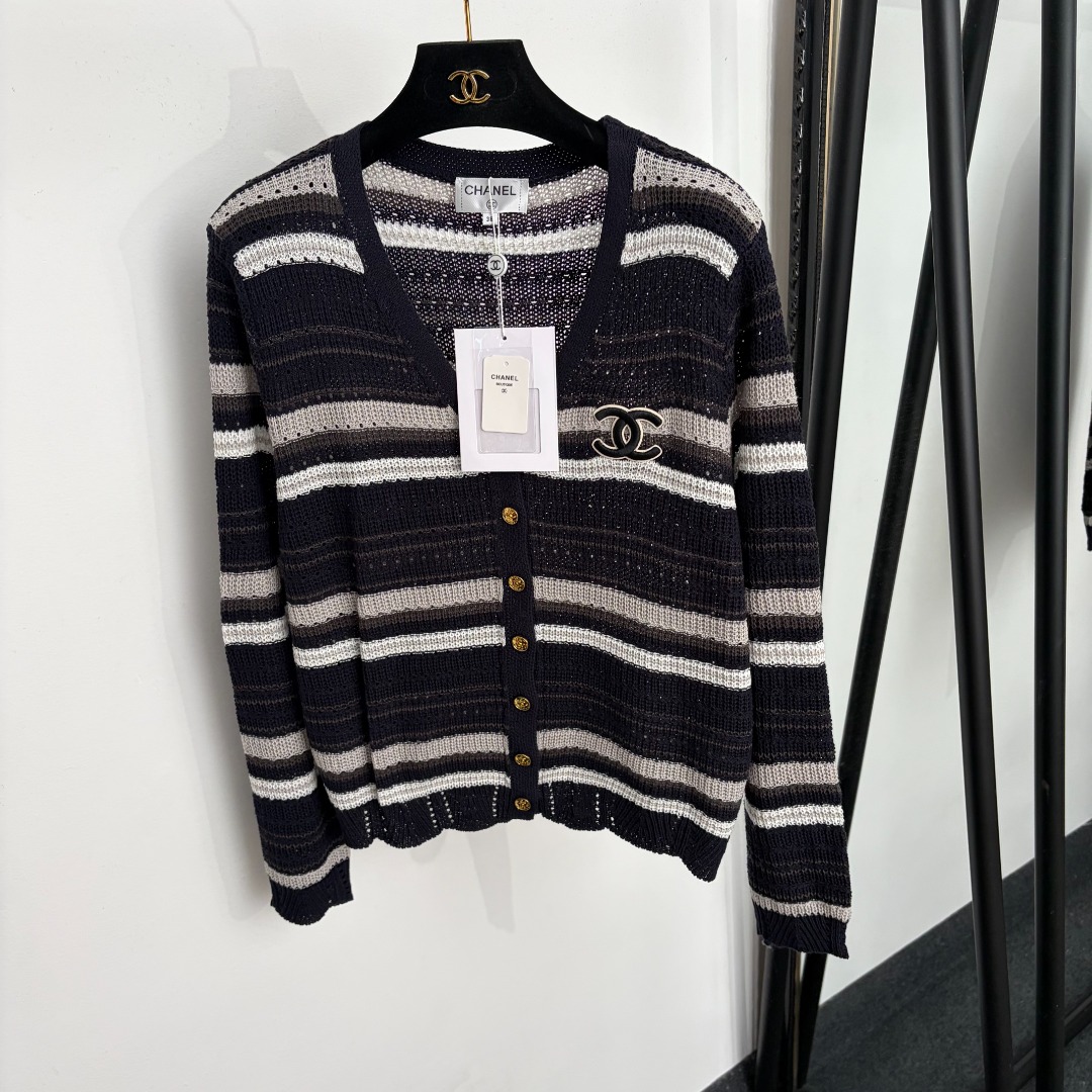 chanel striped polo collar knit sweater