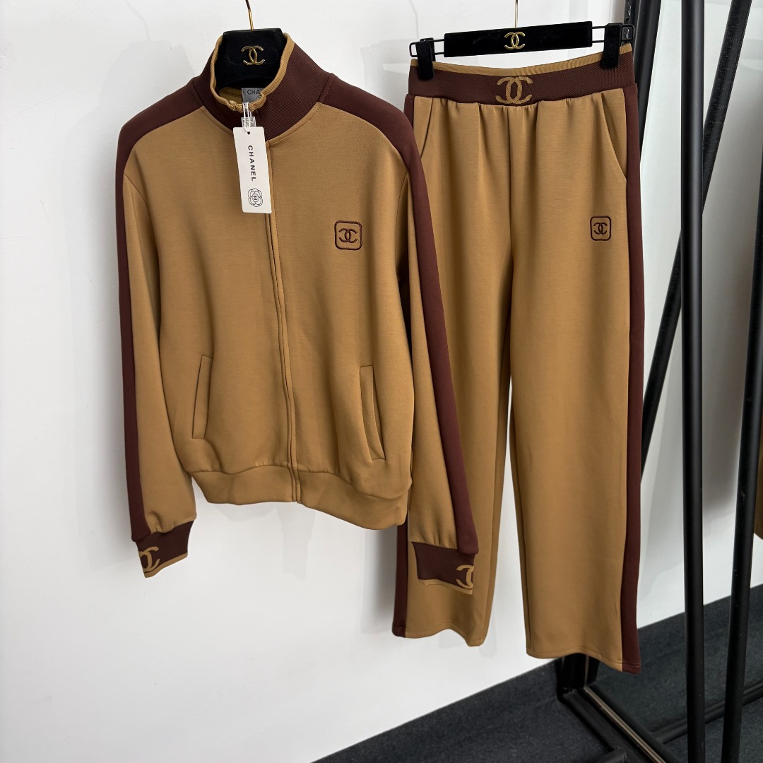 chanel embroidered logo zip tracksuit set