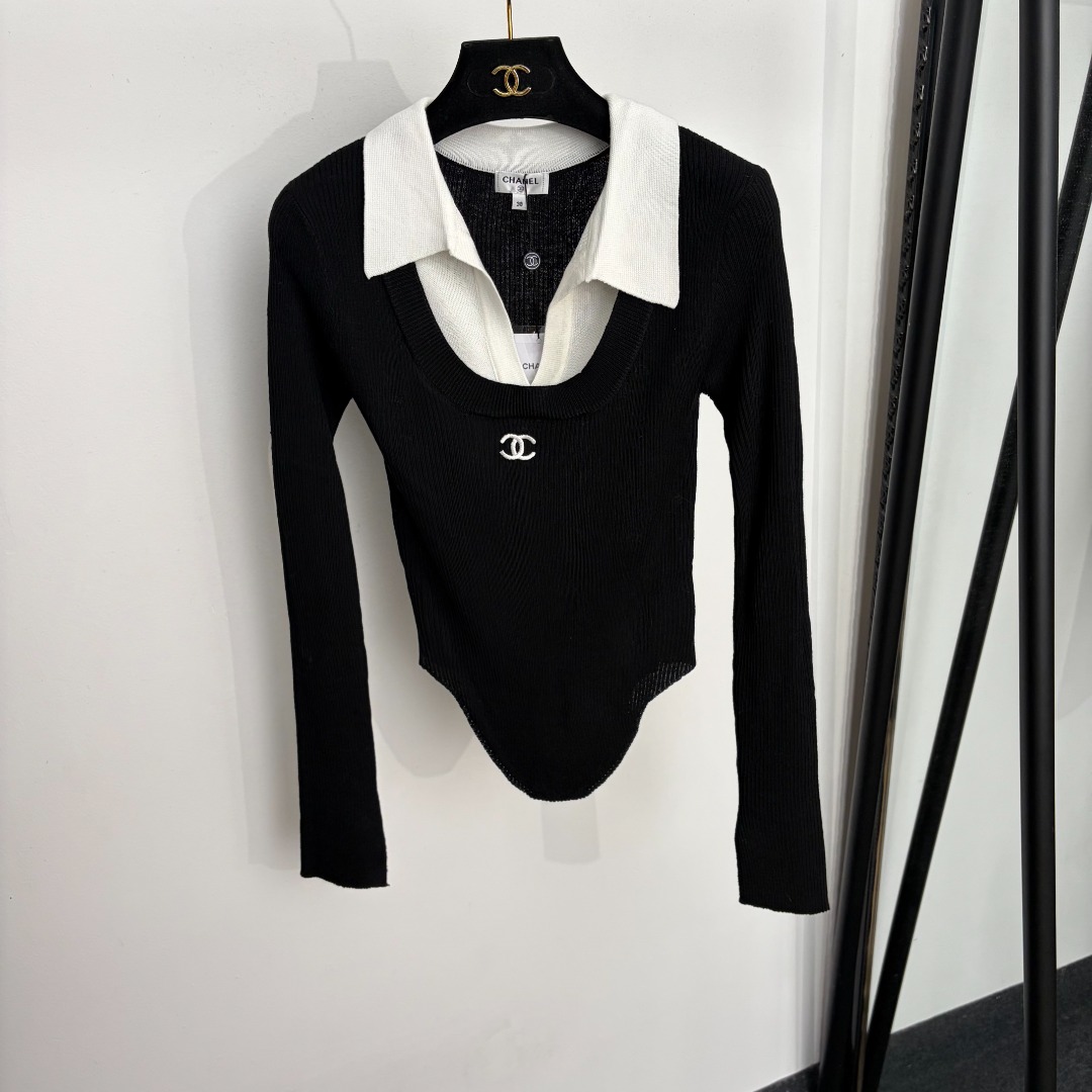 chanel logo embroidered layered collar knit top