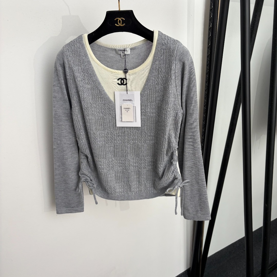 chanel logo embroidered layered openwork knit top