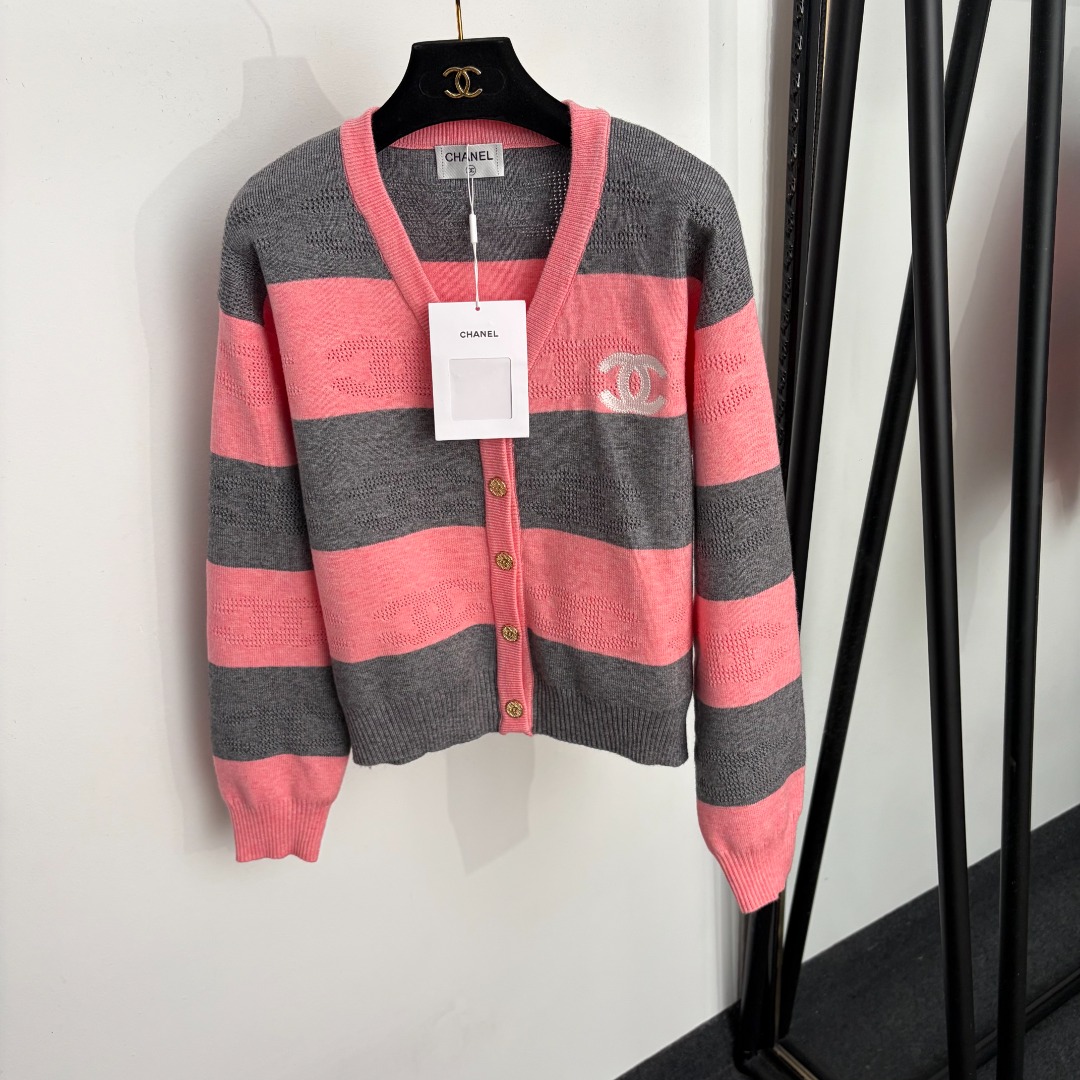 Chanel Pink and Gray Striped Cardigan