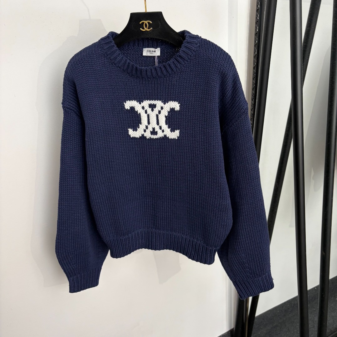 Celine Navy Logo Crew Neck Sweater