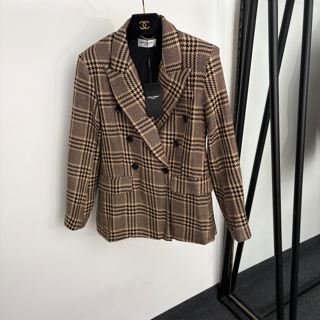 Saint Laurent Houndstooth Double Breasted Blazer