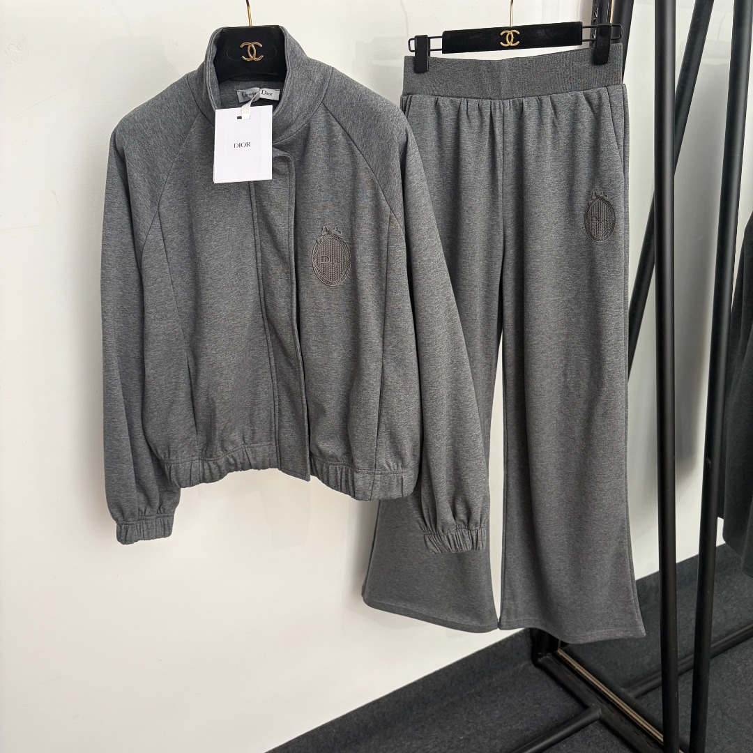 Dior Gray Zip Jacket and Wide Leg Pants Set