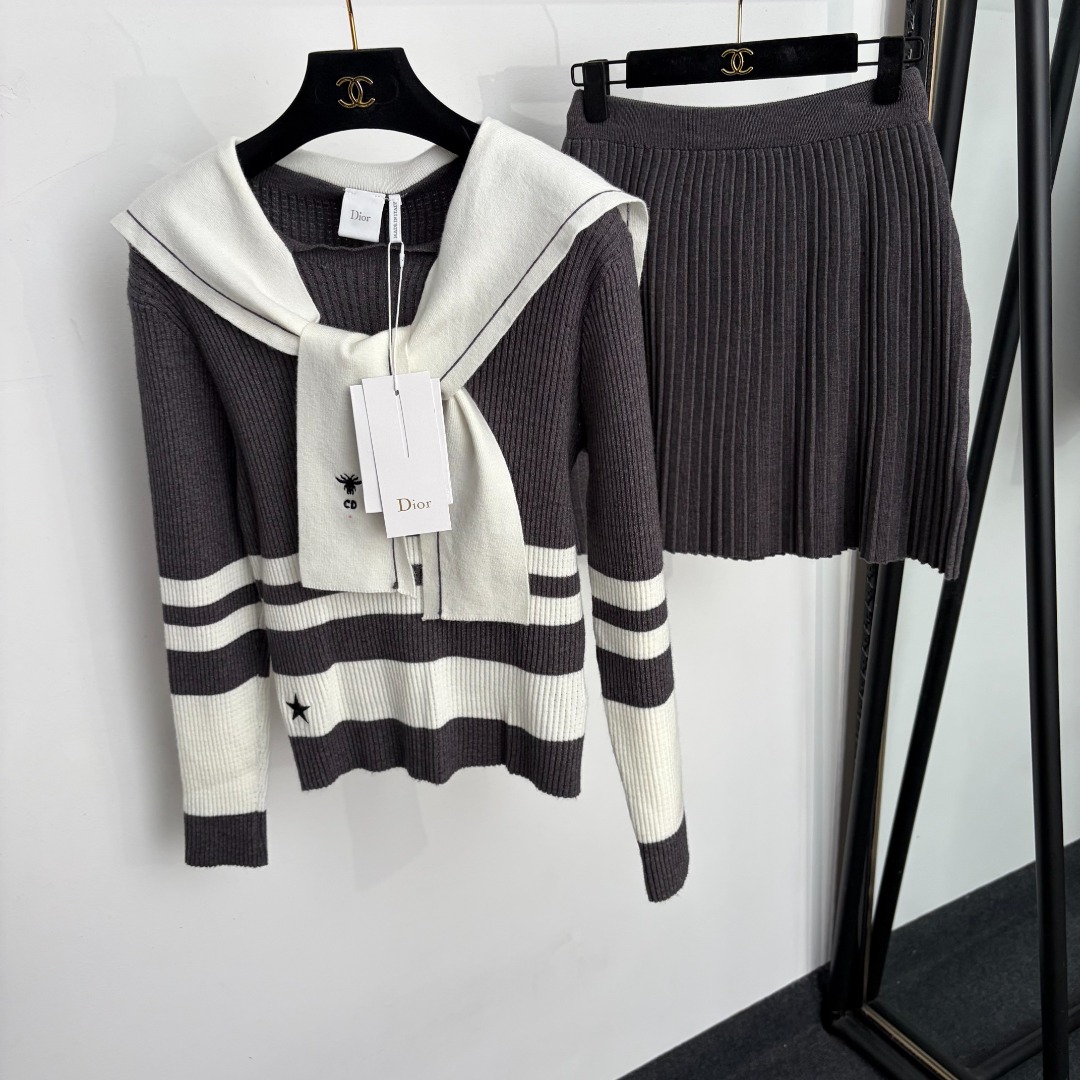 Dior Striped Sailor Collar Sweater and Skirt Set