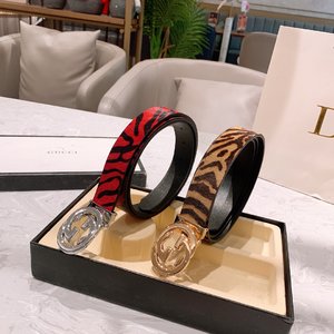 Gucci Belts Leopard Print Red Cowhide Fashion Casual