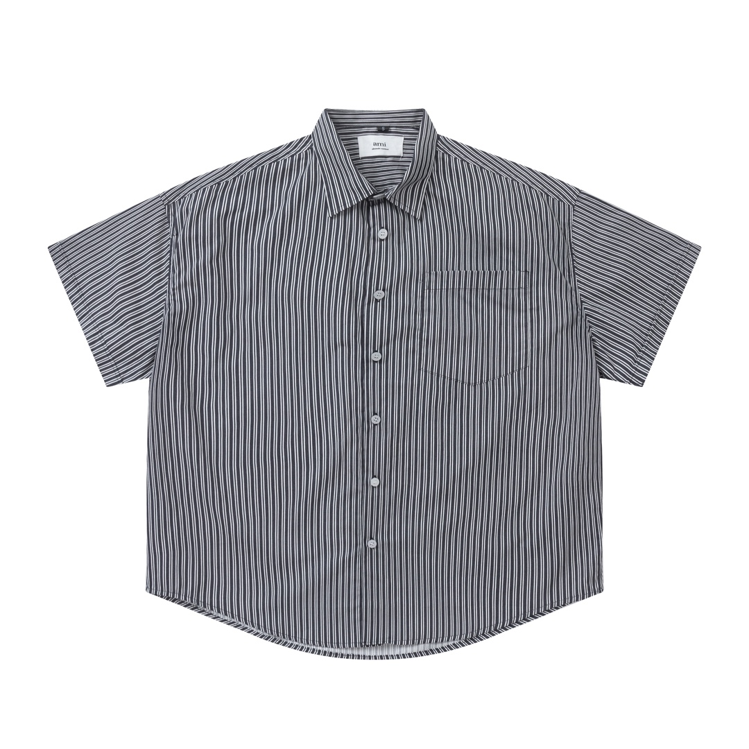 Trendy Y.C 829 Striped Shirt: Custom fabric, loose fit, unisex design in black and blue stripes. Sizes S-XL. - 图片 4