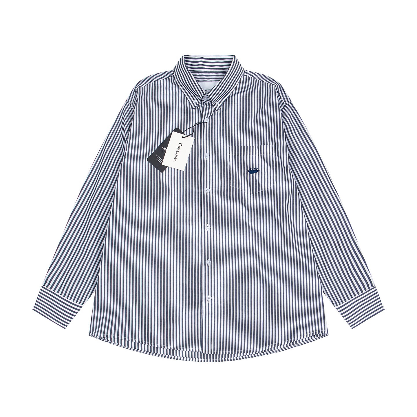 Y.C 844 Covernat Korean Brand Embroidered Long-Sleeve Shirt in Blue and Gray Stripes - 图片 2