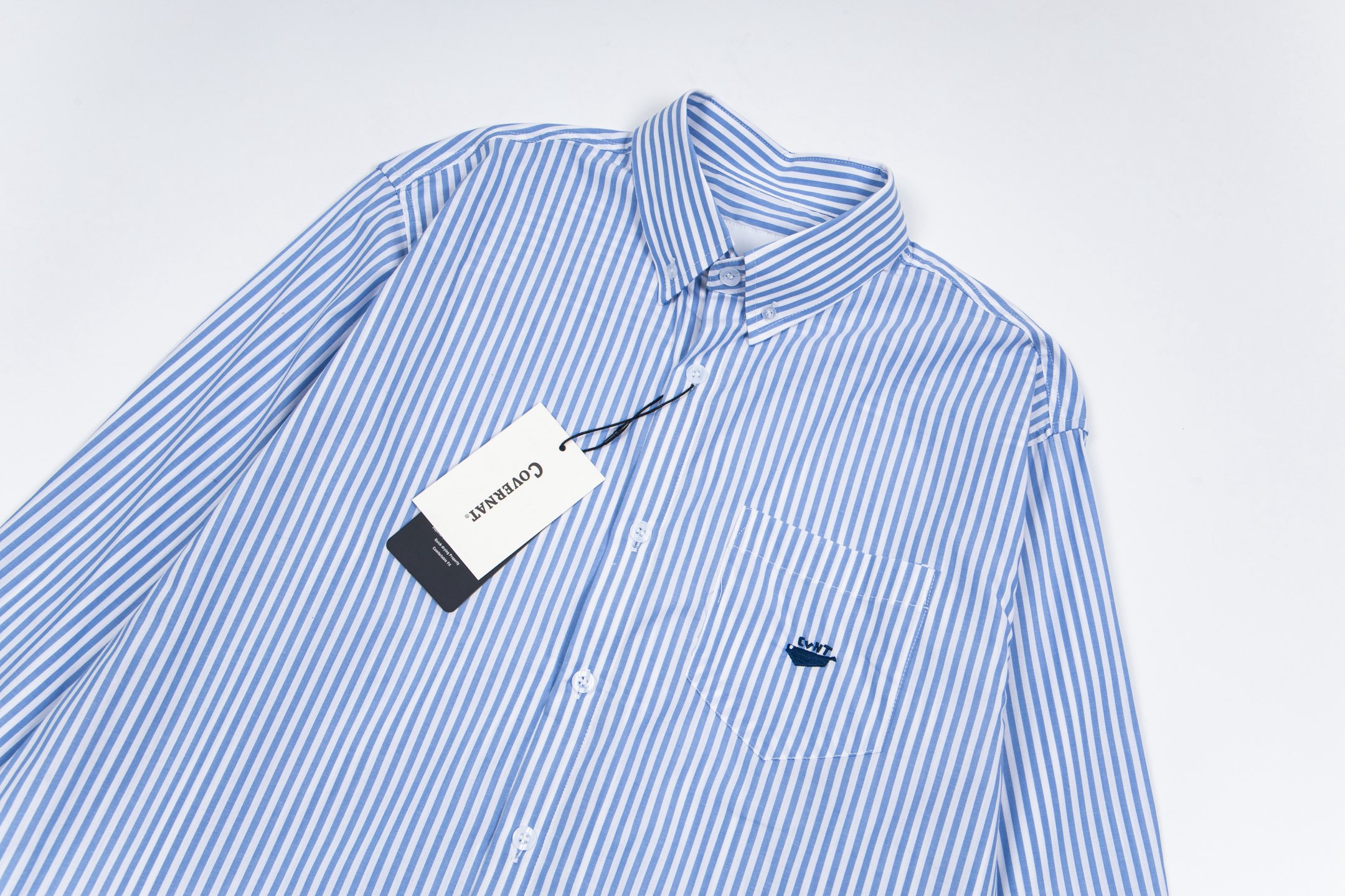 Y.C 844 Covernat Korean Brand Embroidered Long-Sleeve Shirt in Blue and Gray Stripes - 图片 6