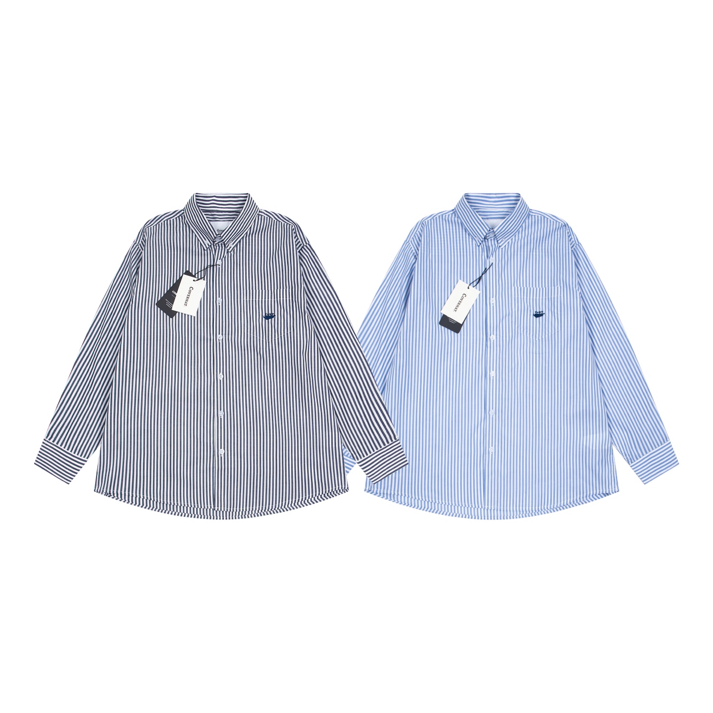 Y.C 844 Covernat Korean Brand Embroidered Long-Sleeve Shirt in Blue and Gray Stripes - 图片 1