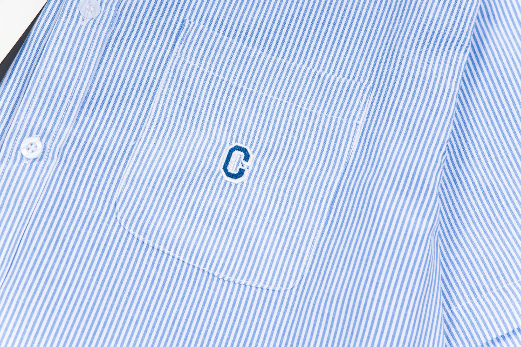 “Y.C 843 Covernat Shirt: Classic Korean Brand, Embroidered Letters, Blue/Gray Stripes, Multiple Sizes” - 图片 9