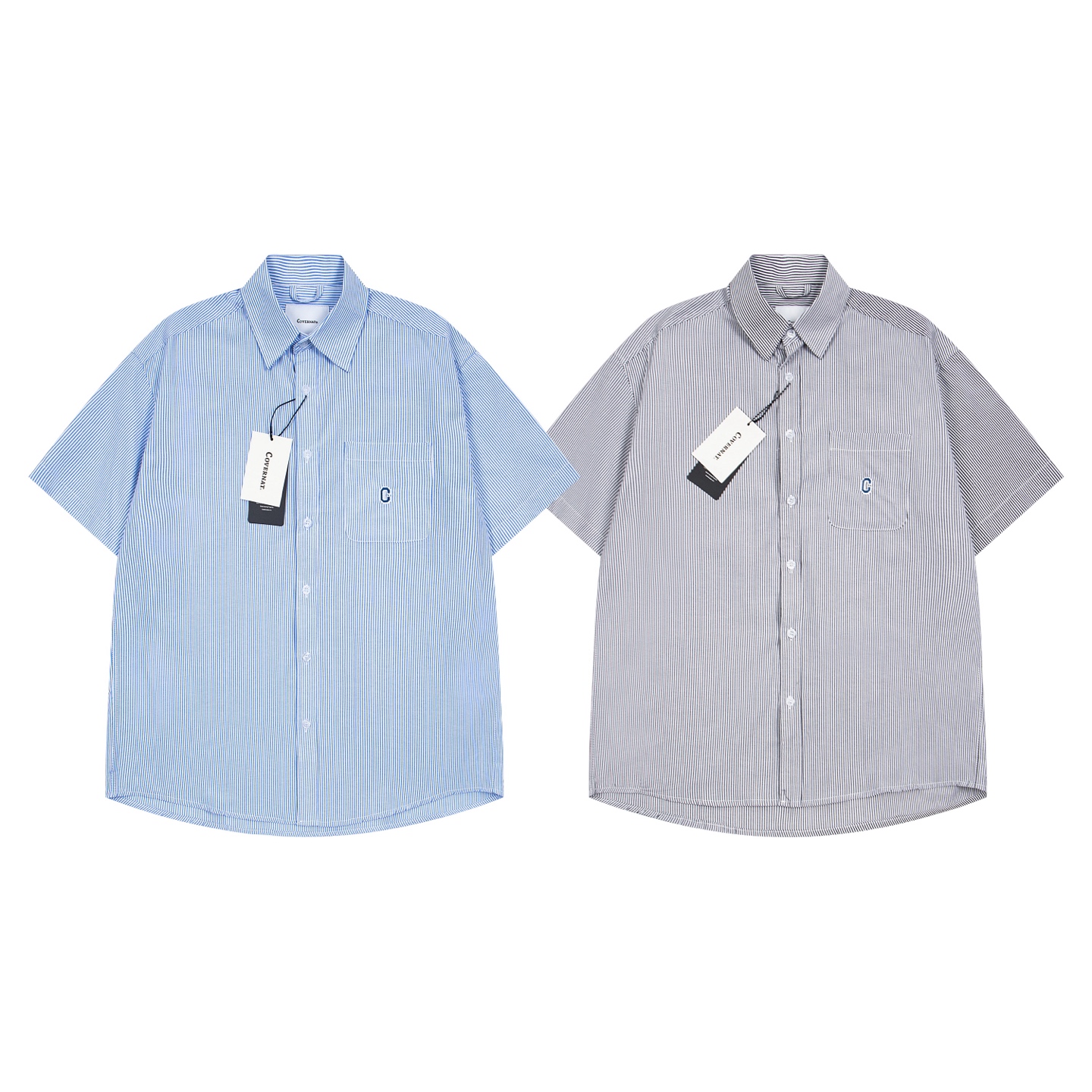 “Y.C 843 Covernat Shirt: Classic Korean Brand, Embroidered Letters, Blue/Gray Stripes, Multiple Sizes”