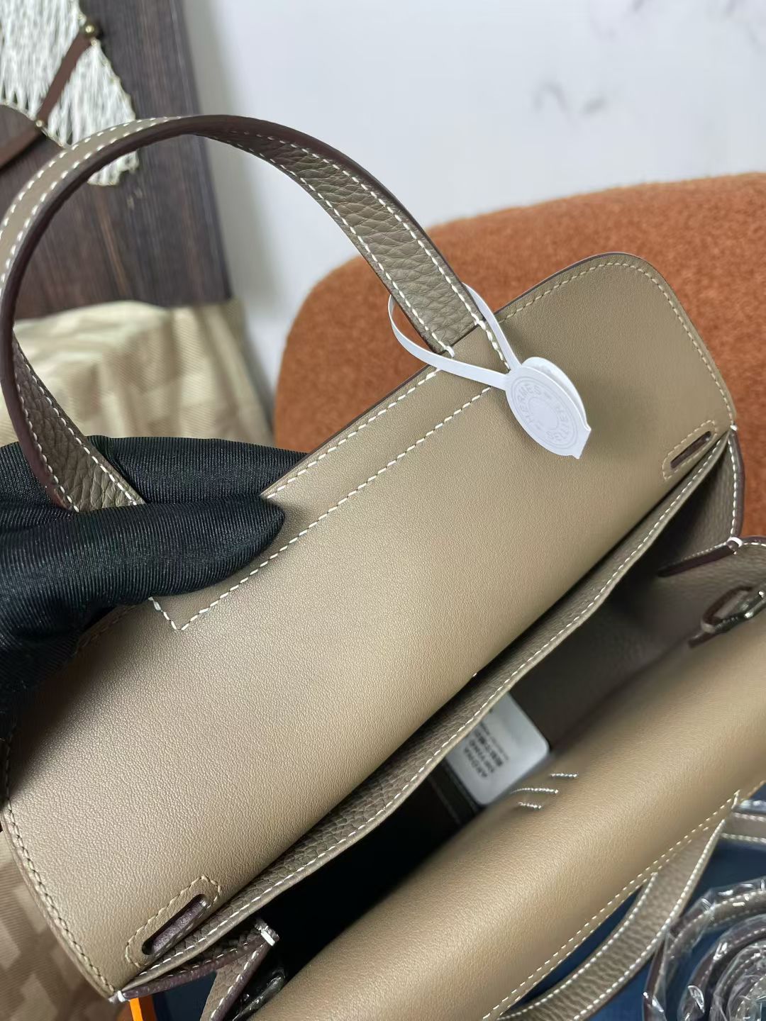 Hermès Hermes handmade wax thread in stock, halzan horseshoe bag 25, elephant gray gold and silver buckle