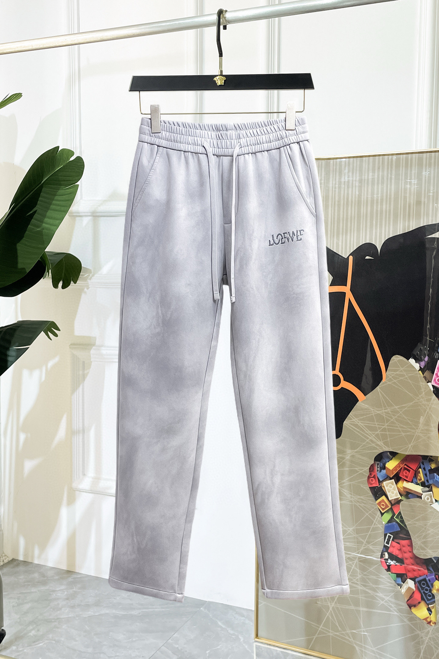 Loewe Men's Gray Logo Print Elastic Waist Casual Pants Trousers