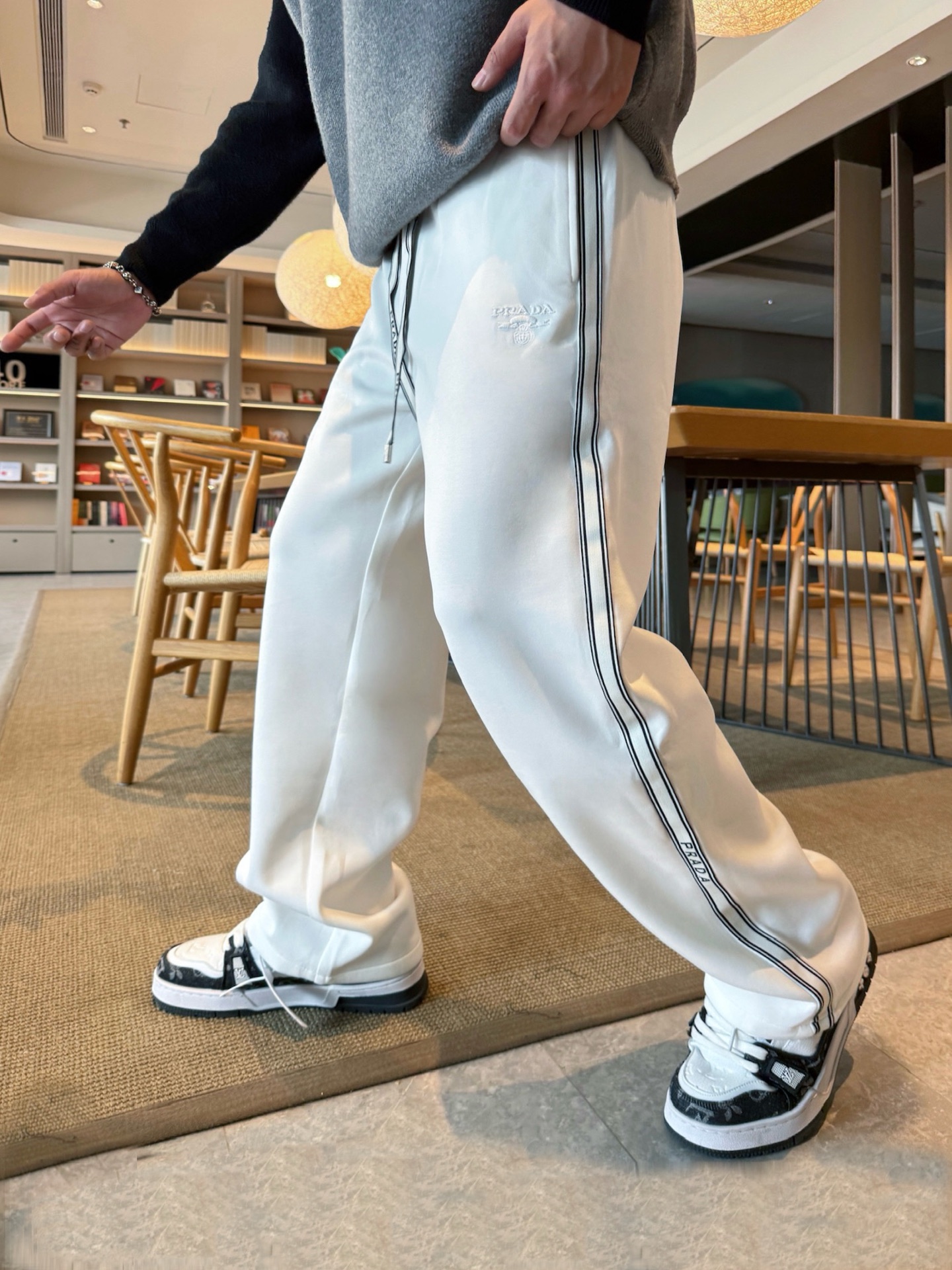 Prada 2025 FW Men's White Logo Lounge Pants With Side Stripes