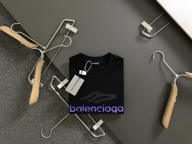 Balenciaga Men's Black Short Sleeve T-Shirt with Multicolor Logo, Slim Fit