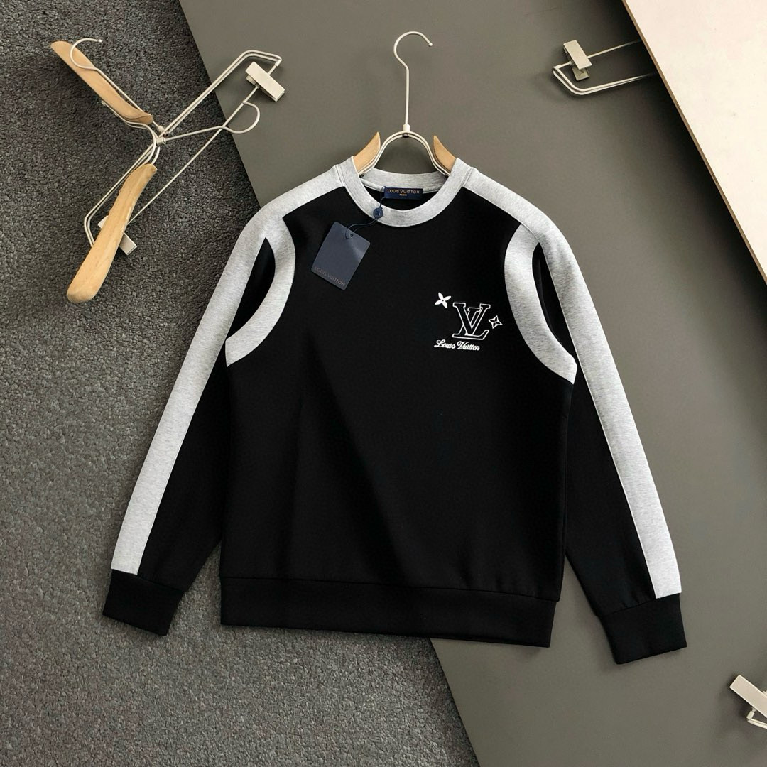 L牌*合身版型M-XXXL2025秋冬云柔太空棉黑灰拼接字母刺绣logo时尚百搭圆领卫衣长袖，精致工艺专