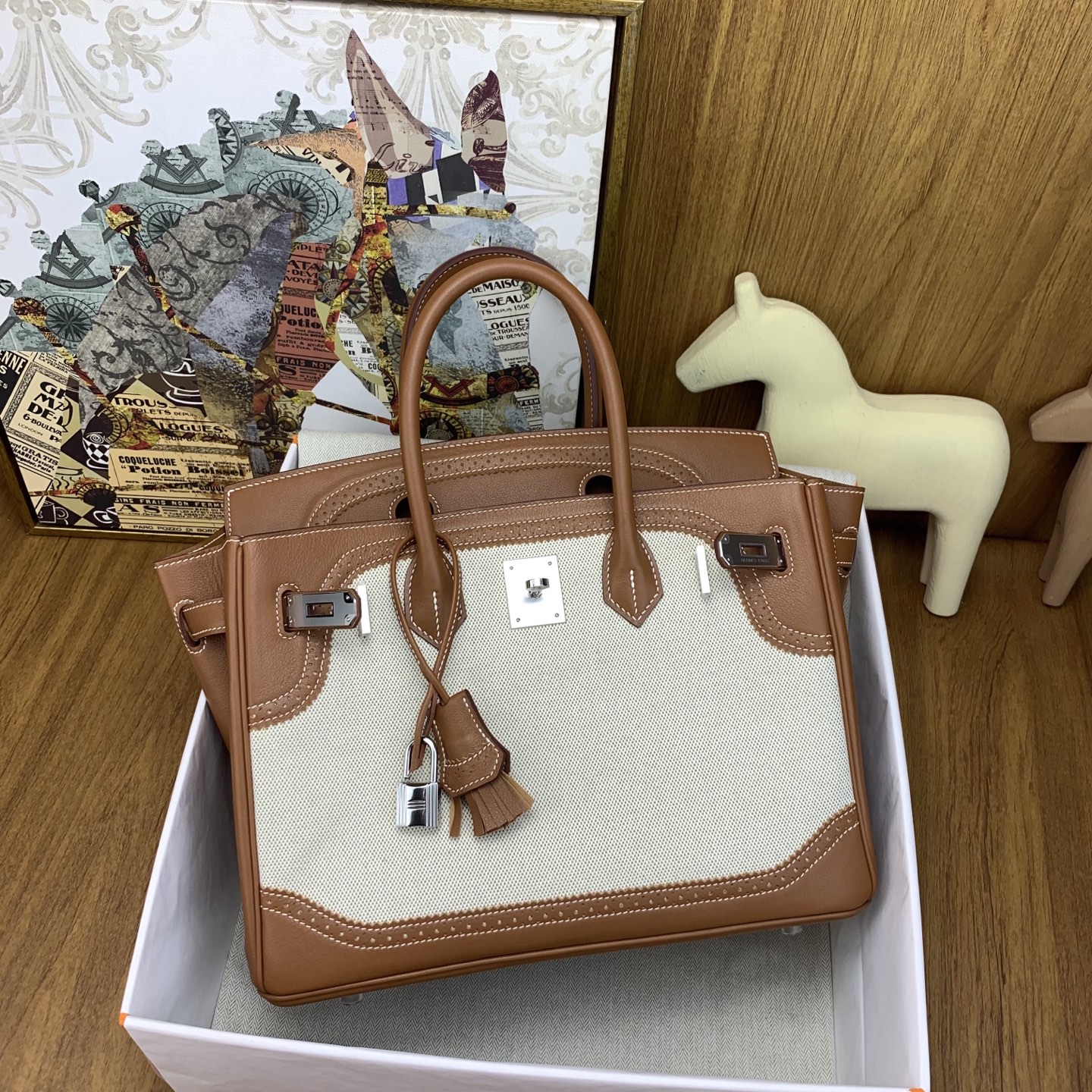 Hermes Birkin Natural canvas and brown leather work everyday
