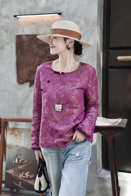 Elegant Floral Jacquard Blouse with Mink Cuffs - Vintage Style Top 1 Elegant Floral Jacquard Blouse with Mink Cuffs - Vintage Style Top