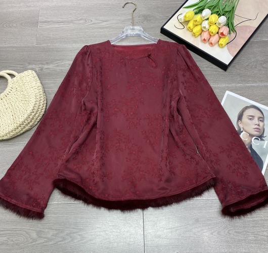 Elegant Jacquard Copper Ammonia Silk Mink Fur Trim Long Sleeve Top 1 Elegant Jacquard Copper Ammonia Silk Mink Fur Trim Long Sleeve Top