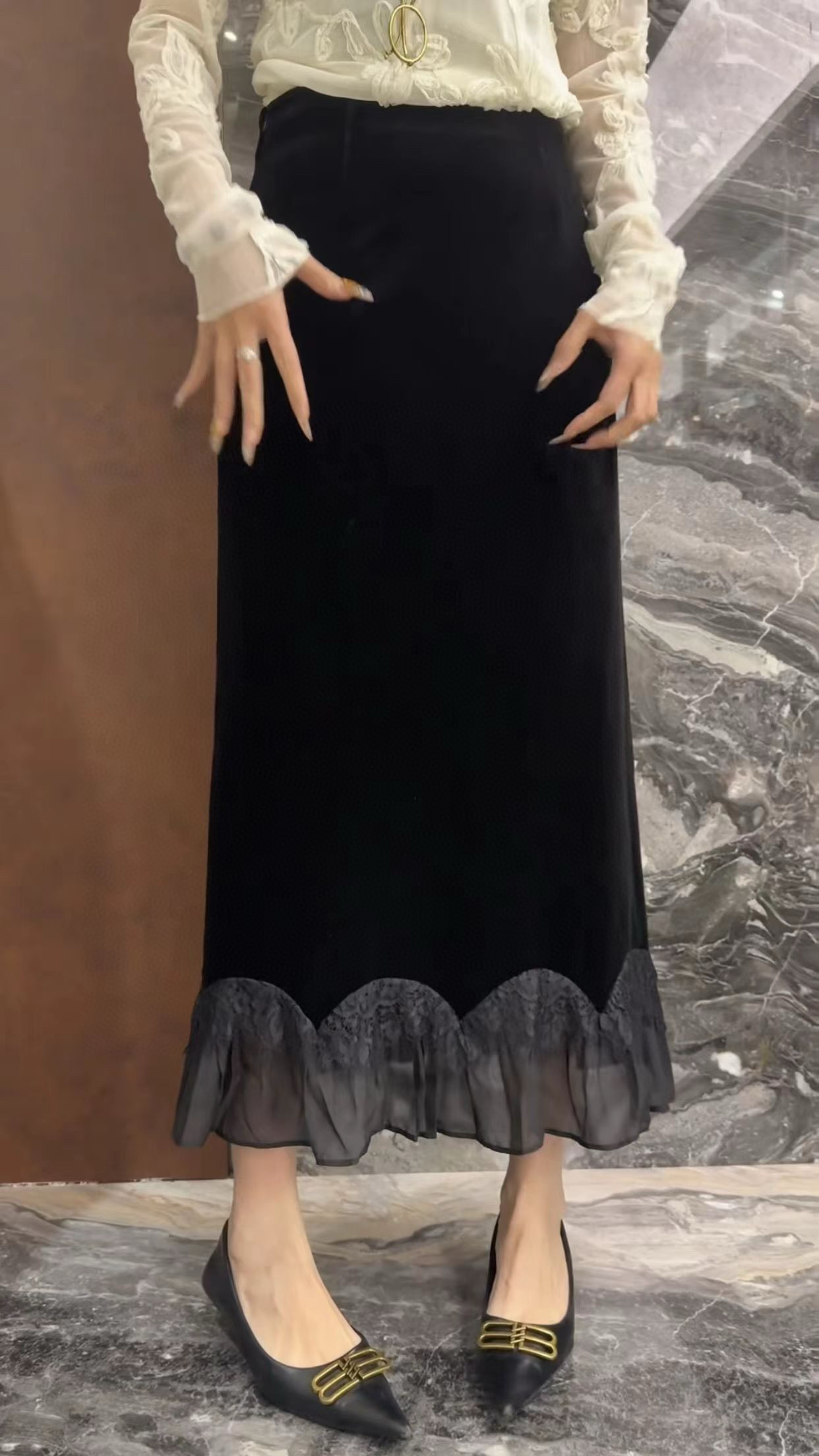 Elegant Velvet Midi Skirt with Lace Trim - High Waist A-Line Silhouette