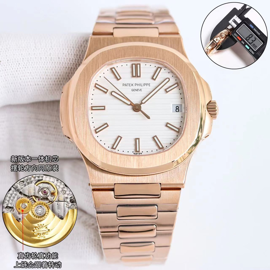 NO:147113,OMF Patek Philippe Nautilus launched an upgraded version. 1. All the upgraded movements are carefully engraved, clear and not worn, and the texture is ultimate. 2. Automatic trolley pieces. Noise reduction. 3. omf factory high-quality modified 324SC integrated movement. 4. The dial scale is upgraded to the luminous brightness, and the overall harmony and synchronous brightness is achieved. 5. Nautilus classic blue disc, currently improved the color consistent with the genuine product. 6. Each watch in the calendar window has been horizontally positioned without deflection. 7. The head adjusts the gear smoothness and debugs to the best state. 8. The thickness of the entire watch is 8.3 mm, perfectly realizing the thinnest mechanical watch on the entire network, equivalent to the original thickness. It is extremely comfortable to wear., Patek philippe19860909OMF百达翡丽鹦鹉螺推出升级版本,1升级机芯全部精雕刻字,清晰不磨损,纹理做到极致.2自动陀片.降噪音.3.omf厂高品质改324SC一体化机芯.4..升级表盘刻度夜光超亮,而且整体做到和谐一致同步亮度.5.鹦鹉螺经典蓝盘,目前改进与正品一致的颜色.6.日历窗口每一只手表做了水平正位,不出现偏斜遮挡.7.把头调节档位顺畅度的多次调试,调试到最佳状态手感畅顺8.升级了整个手表厚度8.3毫米,完美实现全网最薄机械表,等同原装厚度.佩戴起来舒适无比.,,patek philippe,Watch