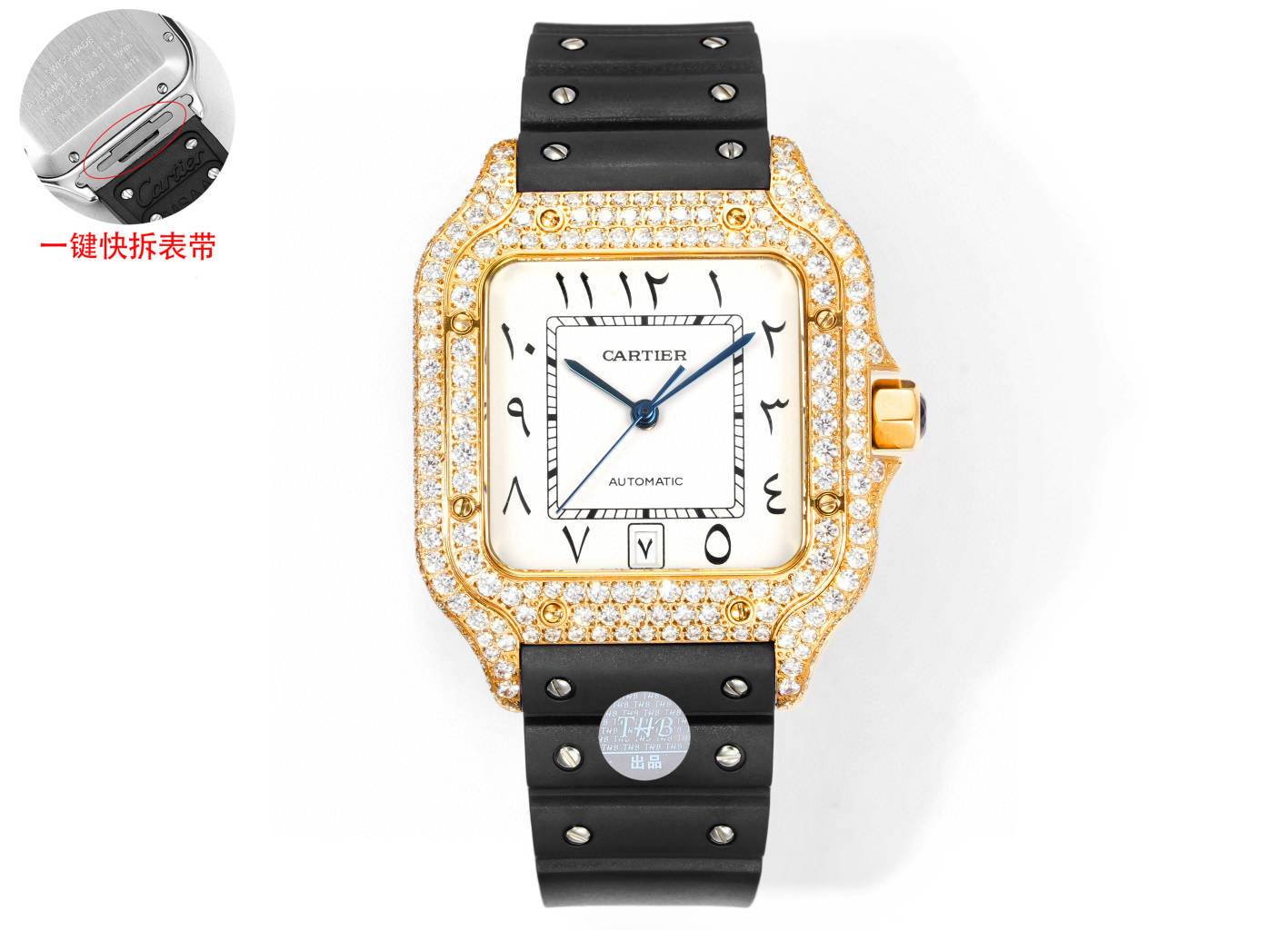 NO:157241,THB new product Cartier Sandos Middle East version full-diamond model [Original mold opening latest Cartier Sandos 1 [Case] ​​genuine mold opening, equipped with the best imported 316L material case!  The movement uses an exclusive imported ultra-thin movement, stable and zero renovation 2 [Dial] The dial with the mold opening of the genuine dial!  3 [Ship Needle] The Swiss craft fired blue needle is the closest to the authentic baked blue needle!  4【Glass】Swiss whitening film/anti-strings/anti-hand patterns!  AF process processing, leaving no trace!  5 [Watch strap] is equipped with an ergonomic SmartLink disassembly system, a pair of fluoroelastic strap that can be perfectly interchangeable with the original and has a high-end feel. The strap can be universal for three straps, steel strap, belt, tape 6 [Size] Men's 39.8 mm x 47.5 mm, the closest to the original version. 7 [Crown] Multi-section spinel sapphire with 1:1 mold opening, truly interchangeable with the original accessories. Equipped with card. The 