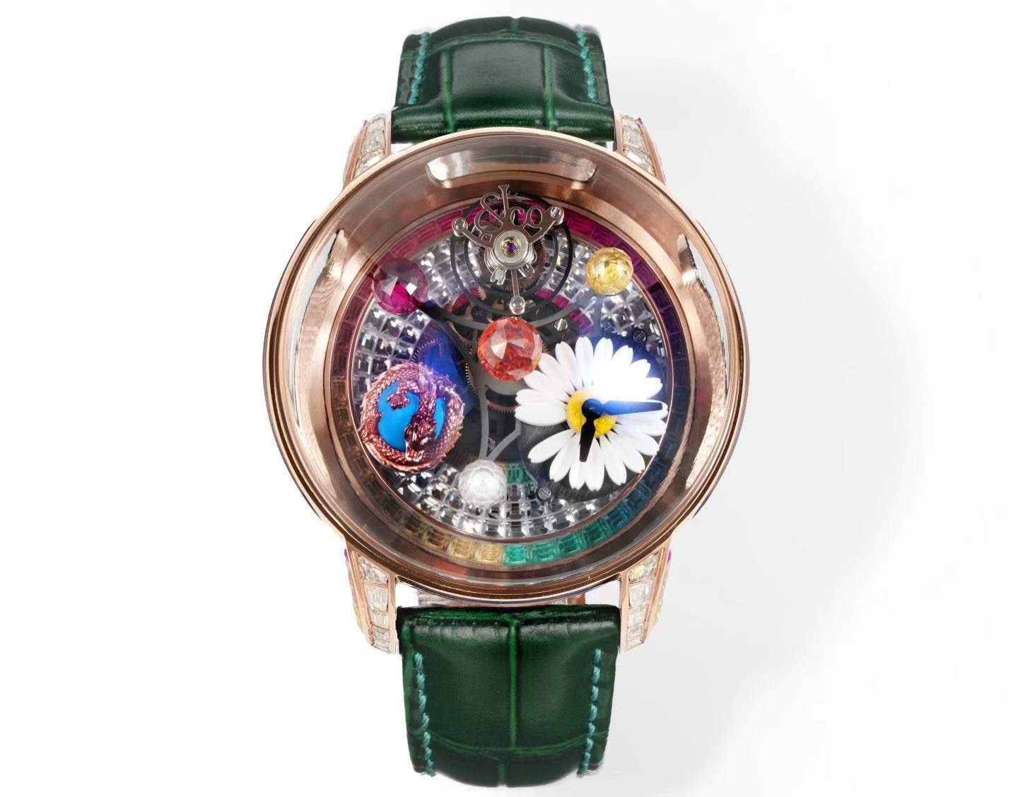 NO:924323,'Little Daisy' Jacob&Co  Highlights of the details: 47mm case, 172 square-cut white diamonds + 142 colored sapphires, GD’s flower and dragon elements, bi-axial flying tourbillon. This is no longer just a tool to tell time, but more like a work of art that can be worn on the hand. “The World Is Mine” is completely his style.19860909「小雏菊」 Jacob&Co x G-Dragon权志龙联名腕表 不是腕表,而是一个宇宙 Jacob & Co 和 G-DRAGON 合作推出的作品,真的刷新了想象力. 双轴陀飞轮环绕着一颗绿松石地球,旁边盘旋着玫瑰金巨龙,时间显示是雏菊造型,还带有 GD的签名.后盖一句话点题＂The World Is Mine'. 每一颗宝石、每一个符号、每一个角度,都是为他而设计. 细节亮点   47mm 表壳   172 颗方块切割白钻+ 142颗彩色蓝宝石   GD 的花朵与龙元素   双轴飞行陀飞轮 这已经不只是看时间的工具,更像是一件能戴在手上的艺术品. “The World Is Mine”—完全就是他的风格.,,Watch