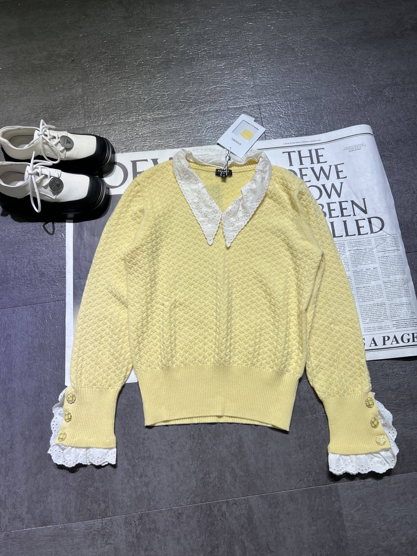 Chanel Ropa Jersey de punto Amarillo Cachemira Tejido Tejidos de malla Manga larga