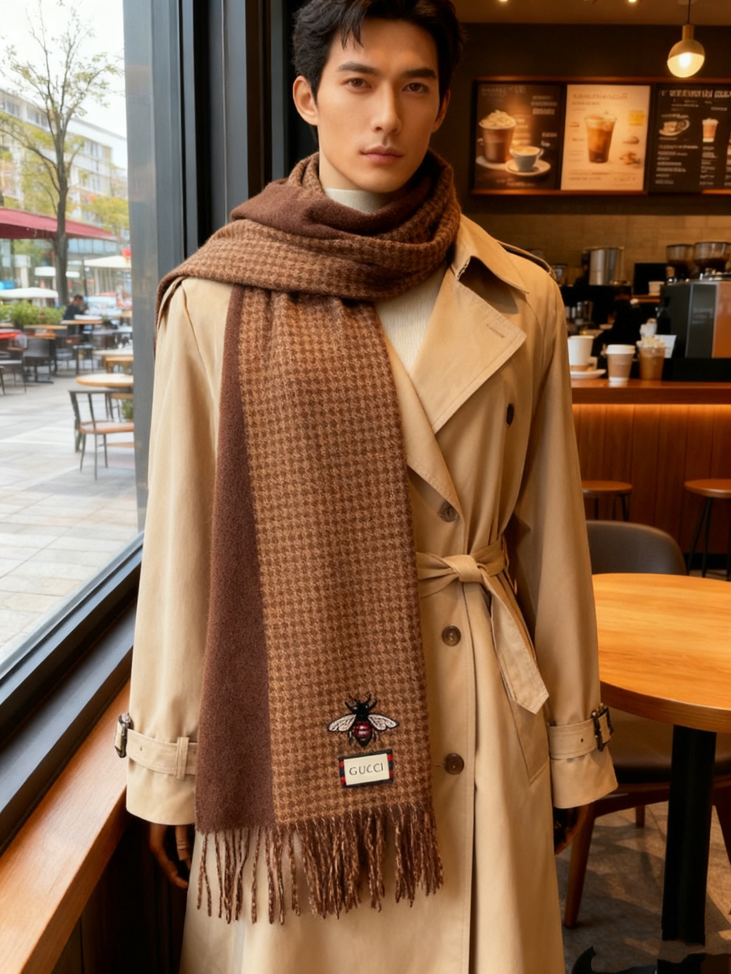 新款古奇Gucci专柜🐝双面羊绒围巾🧣💪🏻打造今年秋‮最冬‬美的💁 拼色的‮纹条‬设计💋搭配‮下时‬最流