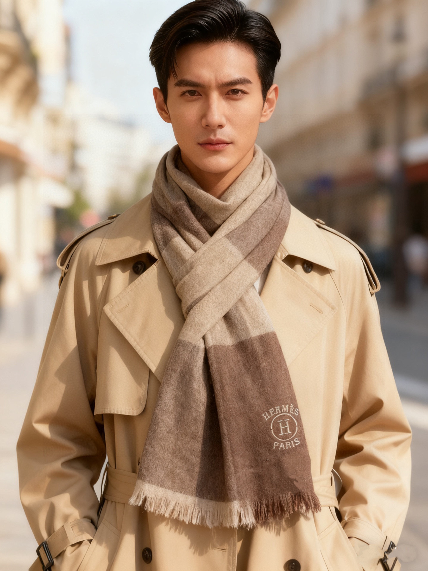 爱马仕男女同款披肩✨羊绒经典格纹👐围巾♨️高尖端产物⚠️，经典logo刺绣，时尚大牌的顶尖设计款💕拿到手