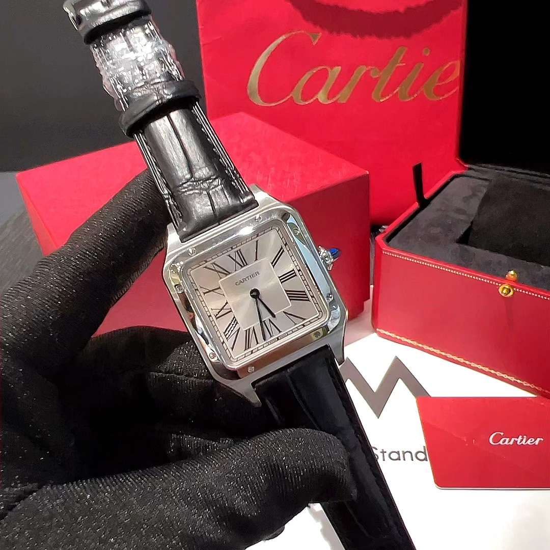 Cartier Santos Watch Blue Women Men Crocodile Leather Frosted Casual Quartz Movement Alligator Strap