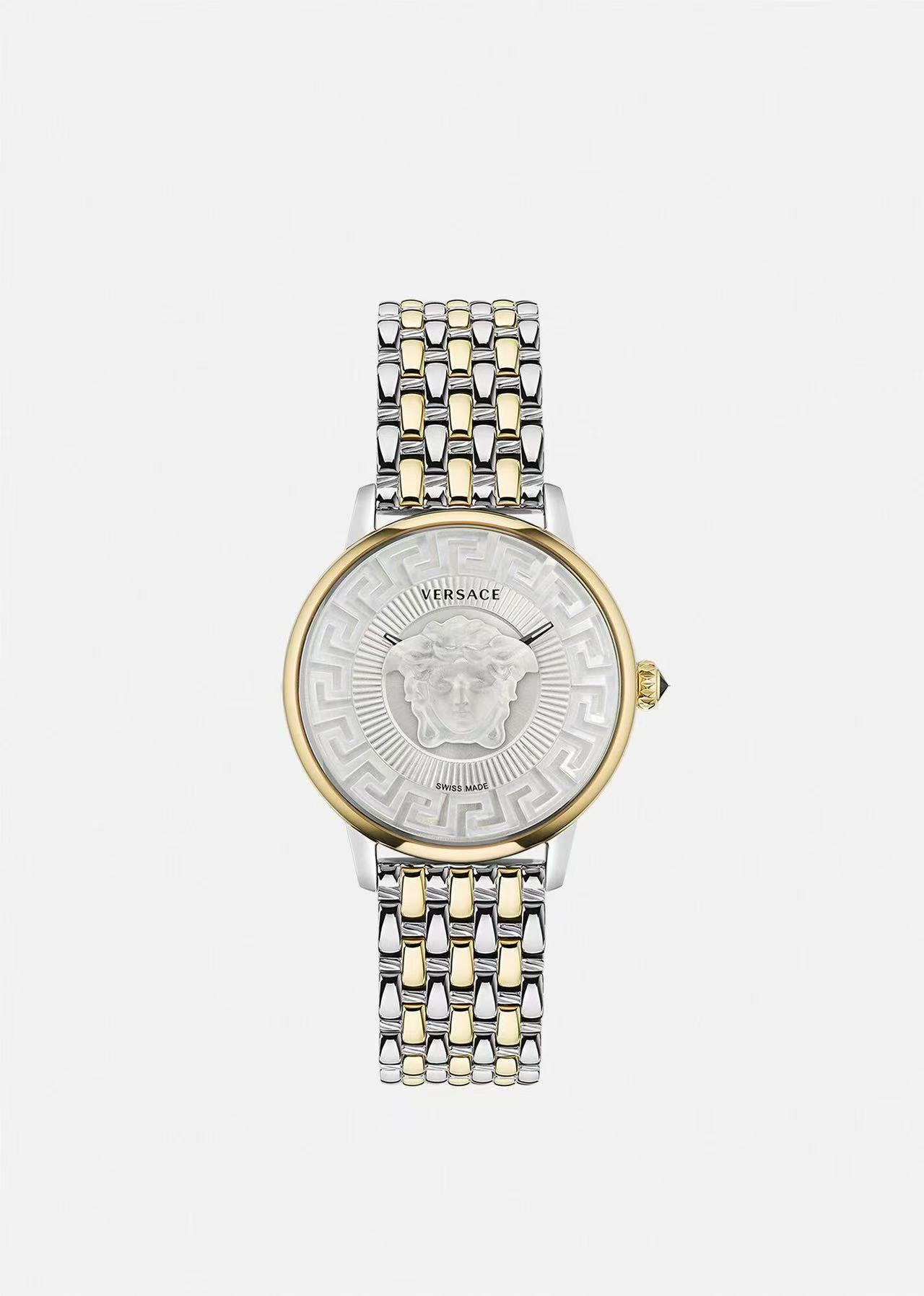 白380，金400，新款 范思哲  VERSACE MEDUSA ALCHEMY系列，表径38mm，浮雕艺术、立体呈现，采用透明树脂，悬浮3D美杜莎头像以及希腊回纹图案，光线照射下，享受晶莹剔透视觉体验