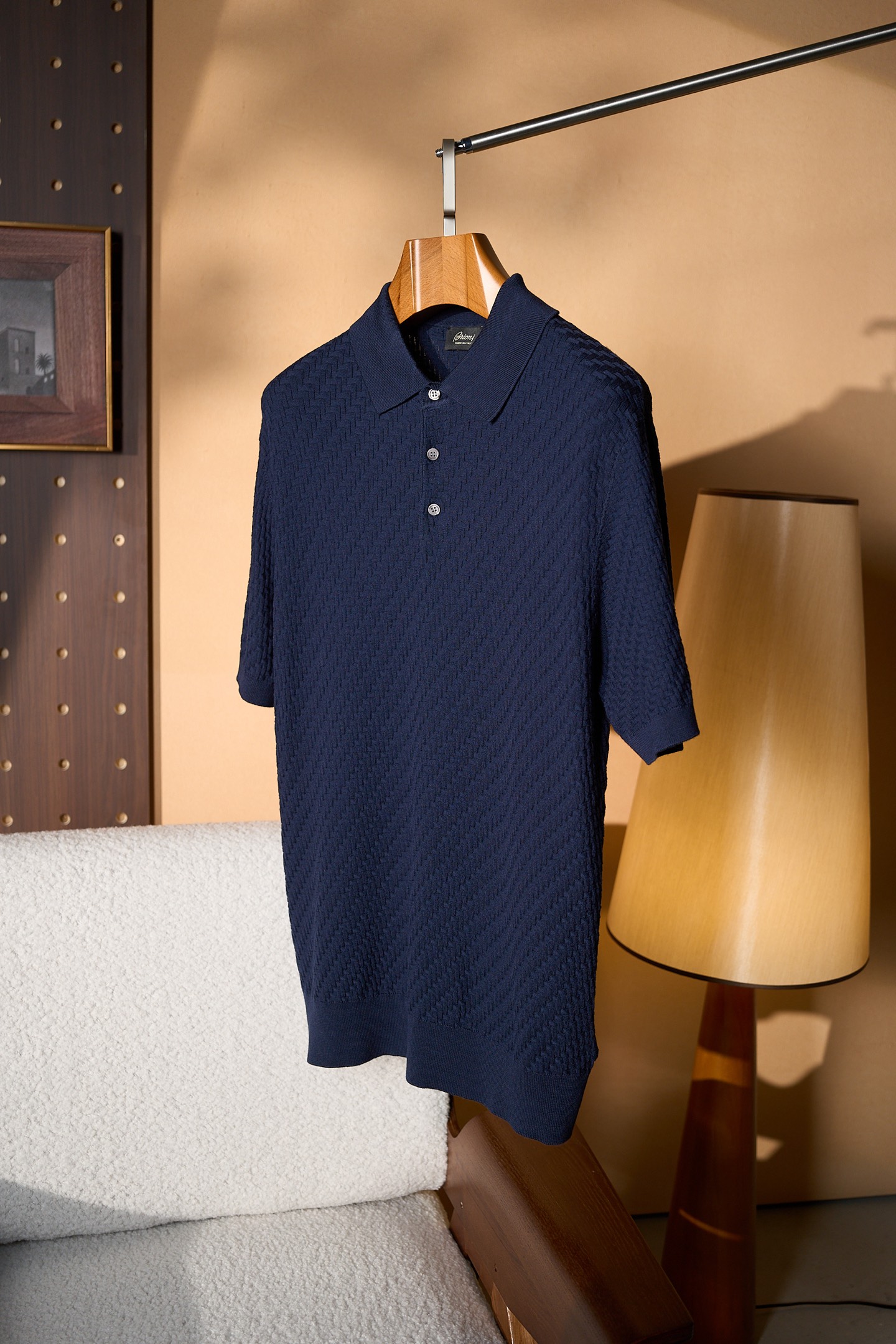 New#🟥Brioni 布里奥尼男士立体提花编织工艺三粒扣设计精选纱线含桑蚕丝翻领短袖针织POLO衫，翻
