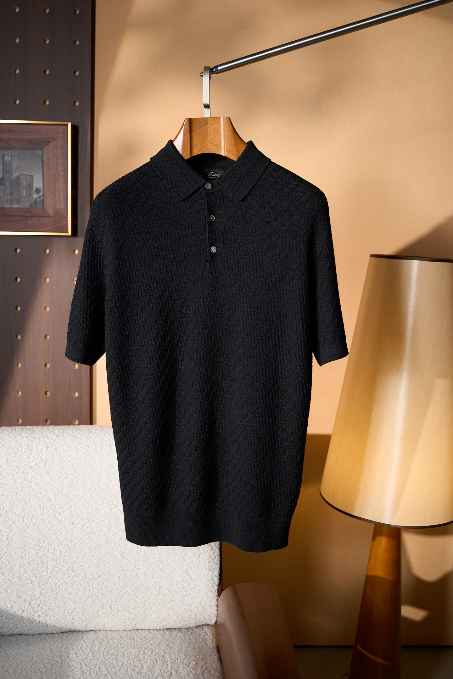 New#🟥Brioni 布里奥尼男士立体提花编织工艺三粒扣设计精选纱线含桑蚕丝翻领短袖针织POLO衫，翻