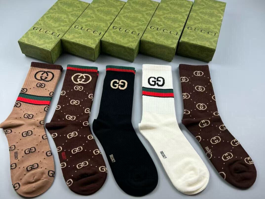  🆕Gucci · 古奇❗️大G家新品高筒袜子❗️【一盒五双】经典双G标志特显高大上，纯棉材质，透气舒适