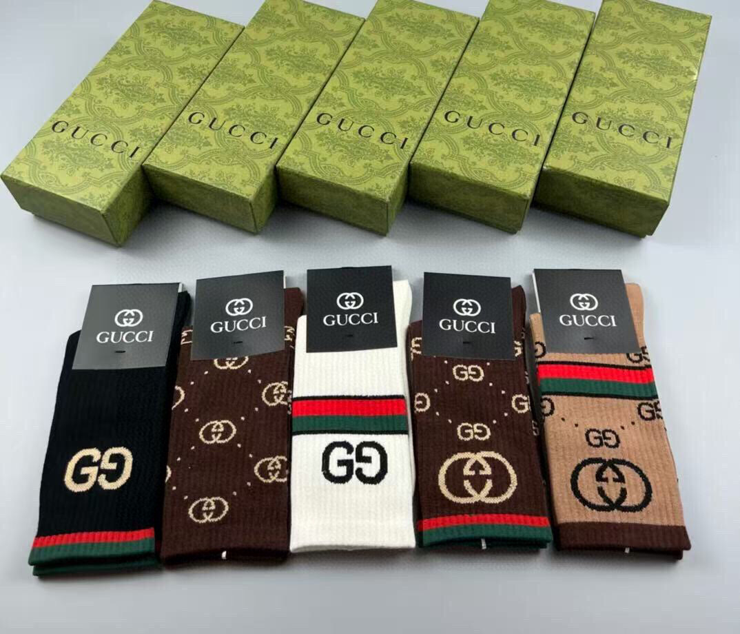  🆕Gucci · 古奇❗️大G家新品高筒袜子❗️【一盒五双】经典双G标志特显高大上，纯棉材质，透气舒适