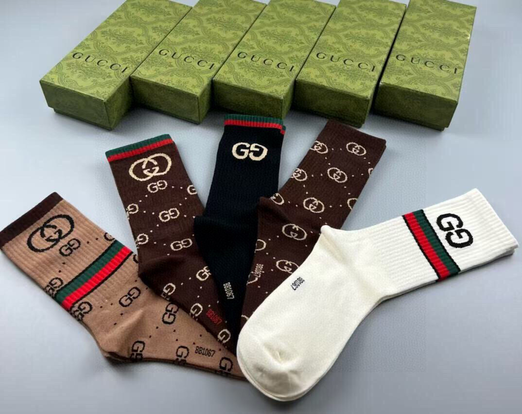  🆕Gucci · 古奇❗️大G家新品高筒袜子❗️【一盒五双】经典双G标志特显高大上，纯棉材质，透气舒适