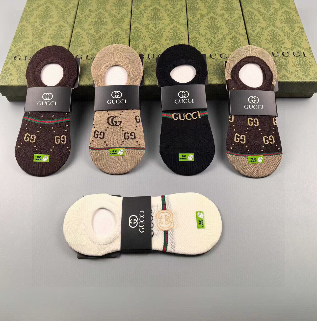  🆕Gucci · 古奇❗️G家新品女款隐形袜子❗一体机无骨缝合袜子【一盒五双】提花经典标志，纯棉材质，