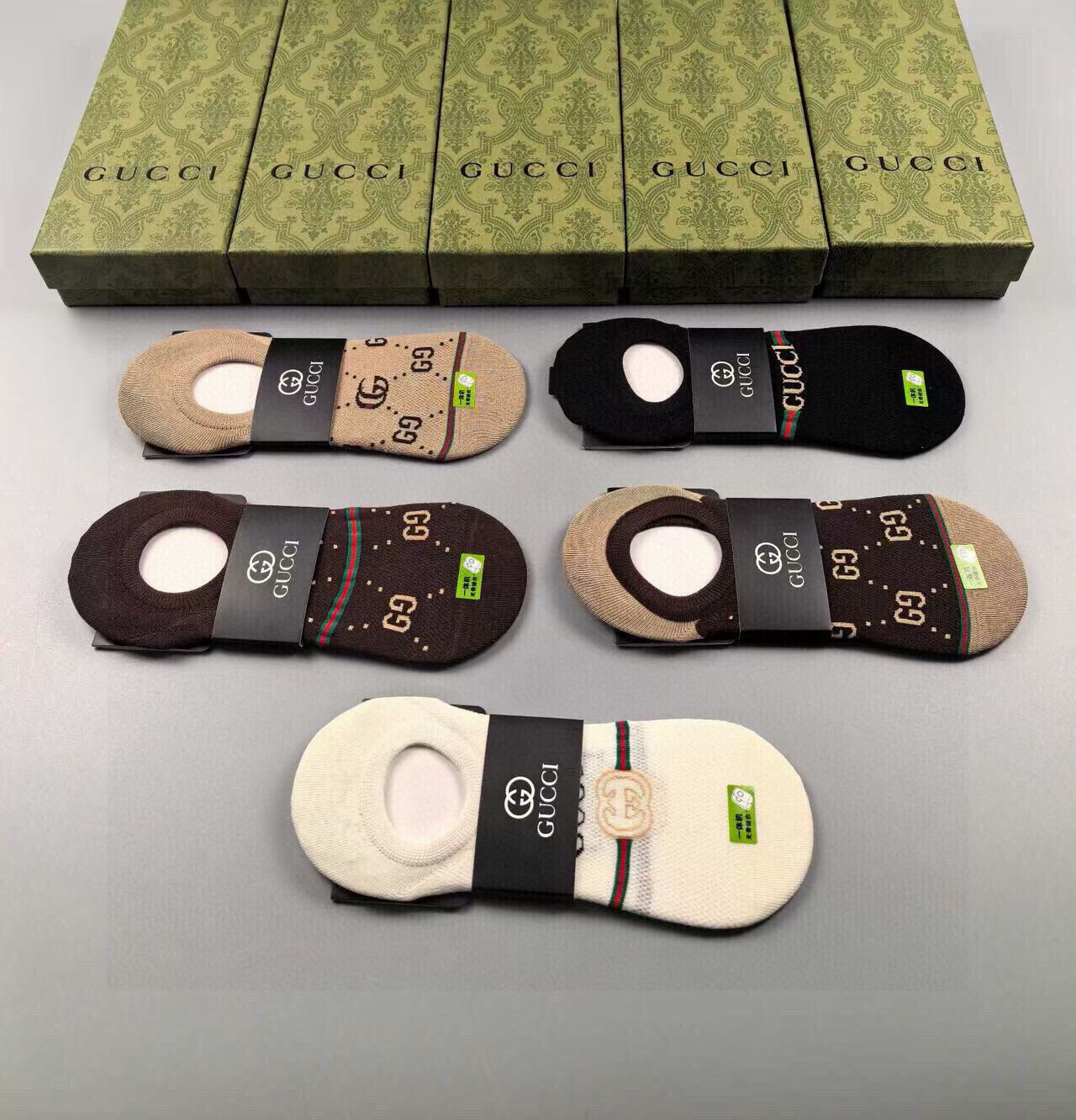  🆕Gucci · 古奇❗️G家新品女款隐形袜子❗一体机无骨缝合袜子【一盒五双】提花经典标志，纯棉材质，