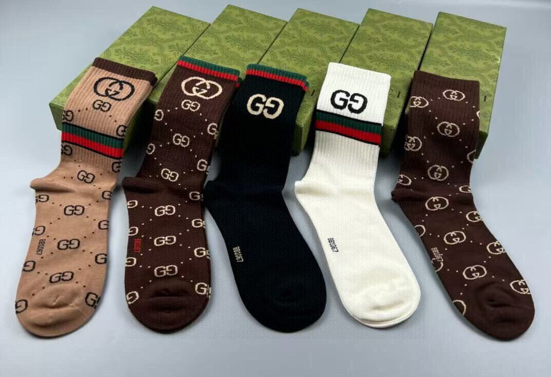 🆕Gucci · 古奇❗️大G家新品高筒袜子❗️【一盒五双】经典双G标志特显高大上，纯棉材质，透气舒适