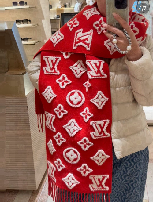 Louis Vuitton 3D Monogram Shawl Red Wool Blend with Contrasting Trim 1 Louis Vuitton 3D Monogram Shawl Red Wool Blend with Contrasting Trim