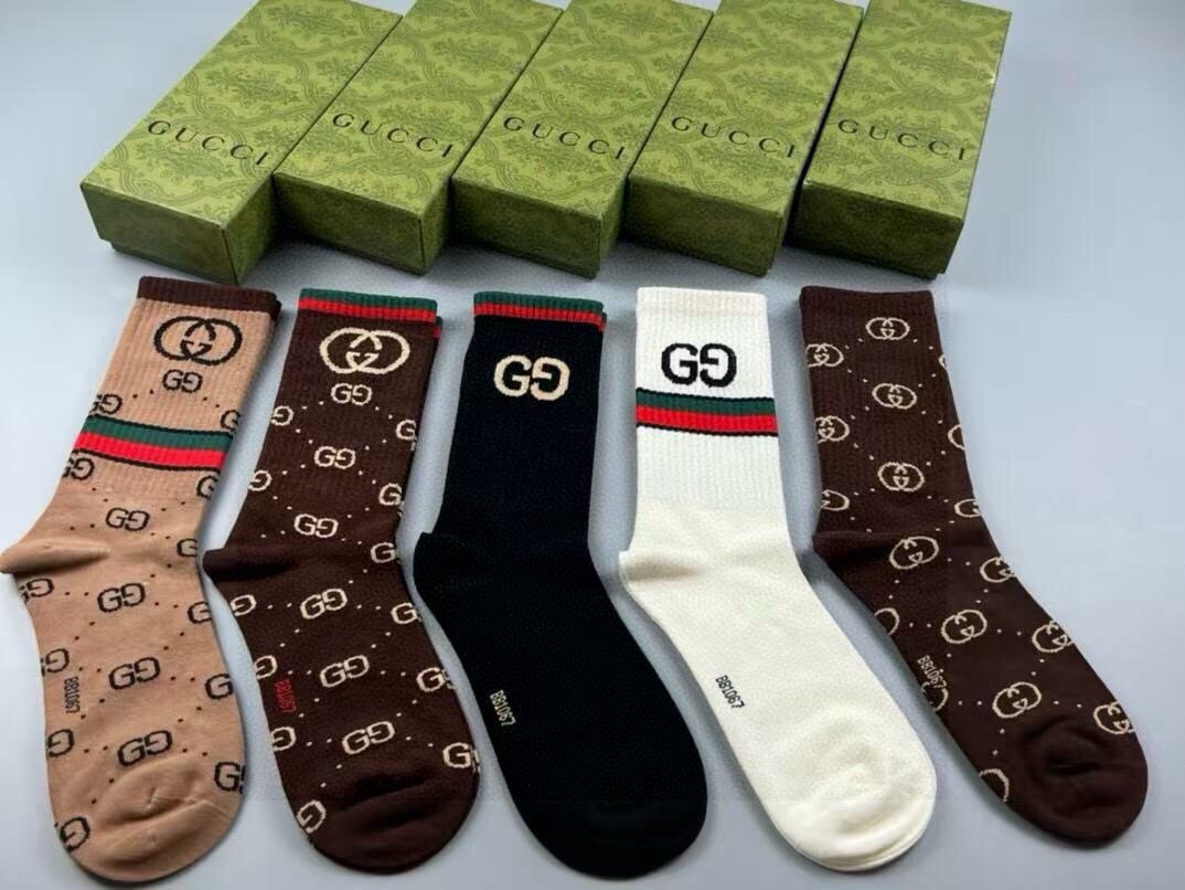 🆕Gucci · 古奇❗️大G家新品高筒袜子❗️【一盒五双】经典双G标志特显高大上，纯棉材质，透气舒适，