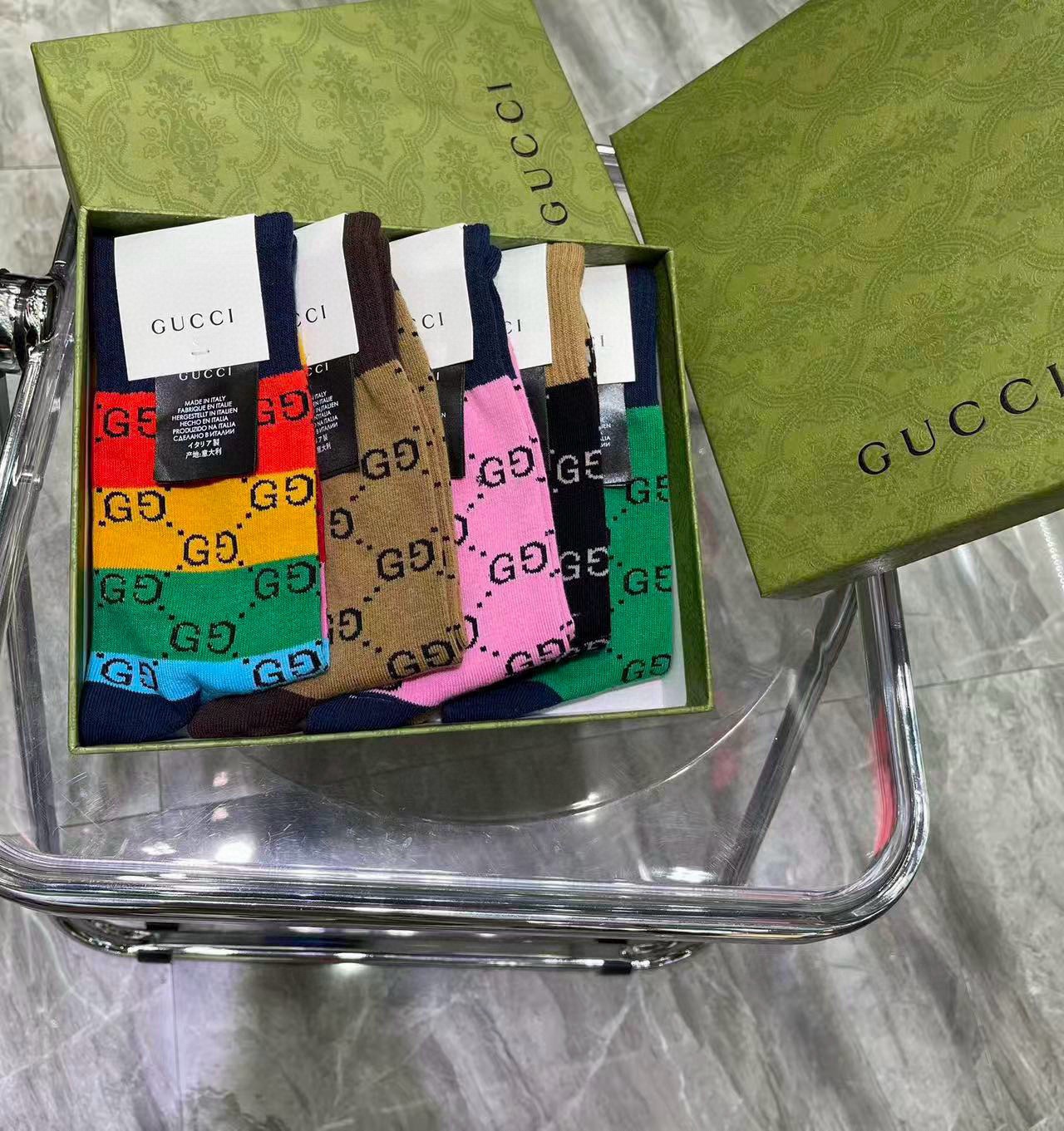 🆕Gucci · 古奇❗️大G家新品长筒袜子❗️【一盒五双】经典双G标志，特显高大上，纯棉材质，透气舒适